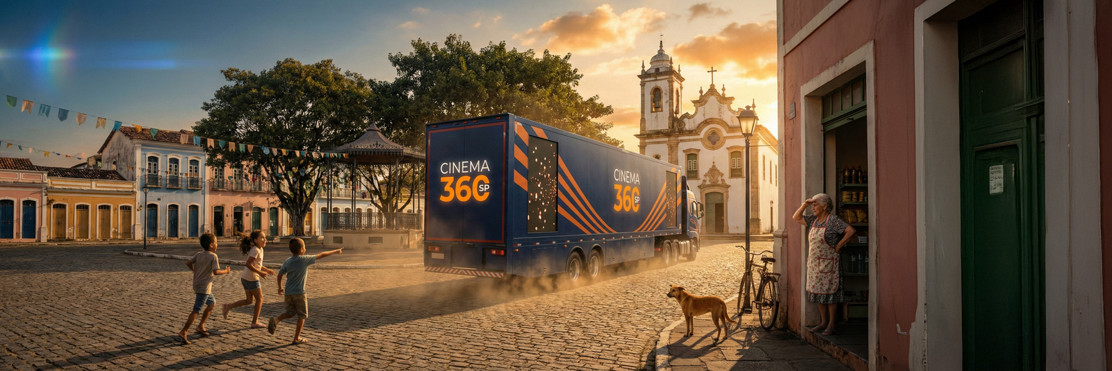 Caminhão Cinema 360 em praça histórica